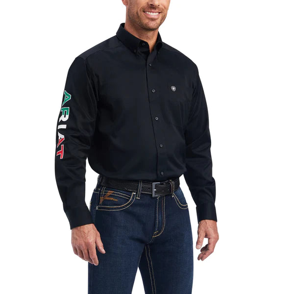 Men's stretch long sleeve denim shirts for a comfortable casual styleMen's Ariat Team Logo Mexican Black Button Down Shirt #10038914 Men's stretch long sleeve denim shirts for a comfortable casual styleMen's Ariat Team Logo Mexican Black Button Down Shirt #10038914