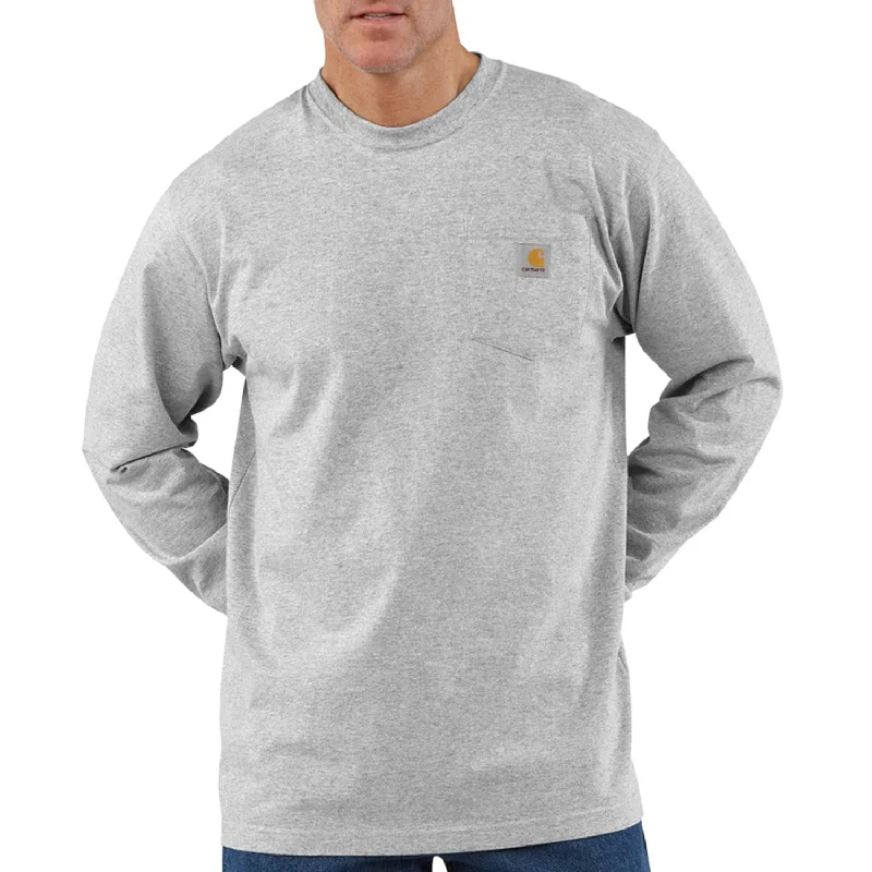 Men's long sleeve polo shirts with a contrast placket for added styleCarhartt Men's Long Sleeve Pocket T-Shirt_Heather Grey Men's long sleeve polo shirts with a contrast placket for added styleCarhartt Men's Long Sleeve Pocket T-Shirt_Heather Grey