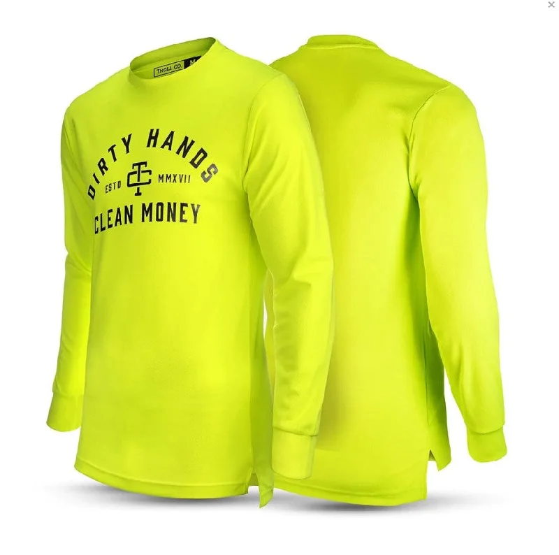 Men's button - front long sleeve Henley shirts with a casual charmTroll Co. Men's "Dirty Hands Clean Money" O.G. Long Sleeve Wicking T-Shirt_Bright Lime Men's button - front long sleeve Henley shirts with a casual charmTroll Co. Men's "Dirty Hands Clean Money" O.G. Long Sleeve Wicking T-Shirt_Bright Lime