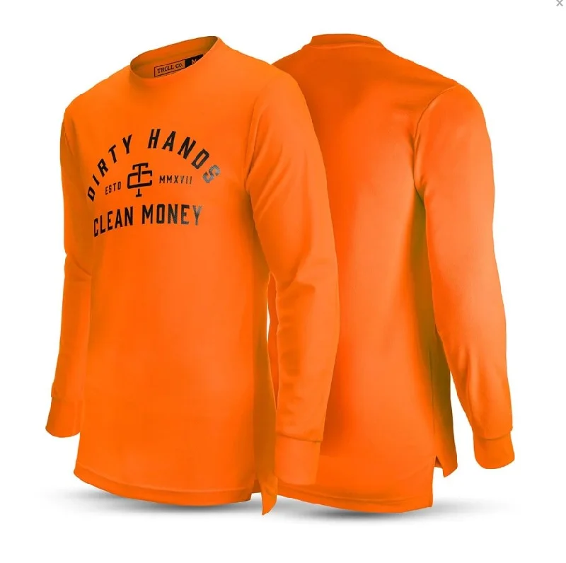 Men's long sleeve fleece - lined shirts for extreme cold weatherTroll Co. Men's "Dirty Hands Clean Money" O.G. Long Sleeve Wicking T-Shirt_Bright Orange Men's long sleeve fleece - lined shirts for extreme cold weatherTroll Co. Men's "Dirty Hands Clean Money" O.G. Long Sleeve Wicking T-Shirt_Bright Orange