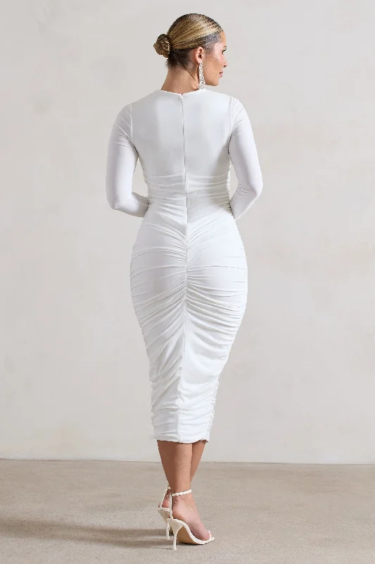 Emilie | White Ruched Long-Sleeve Midi Dress