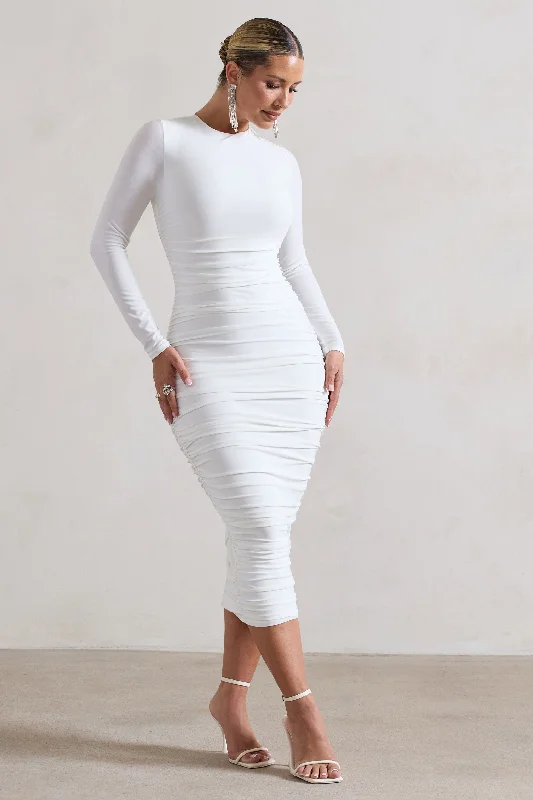 Emilie | White Ruched Long-Sleeve Midi Dress