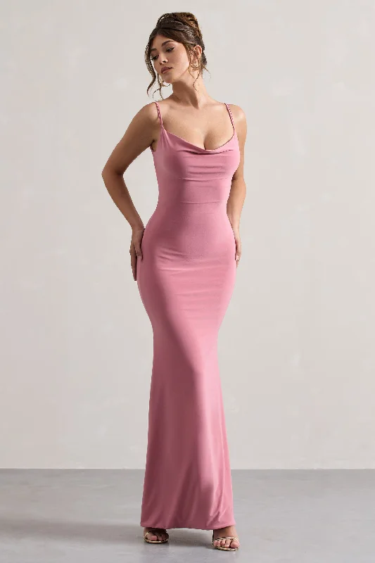 Francoise | Blush Cowl Neck Backless Maxi Dress With Lace Insert