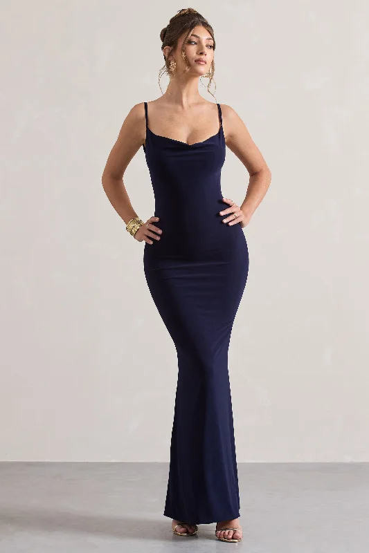 Francoise | Navy Cowl Neck Backless Maxi Dress With Lace Insert