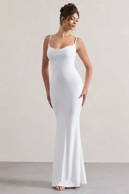 Francoise | White Cowl Neck Backless Maxi Dress With Lace Insert