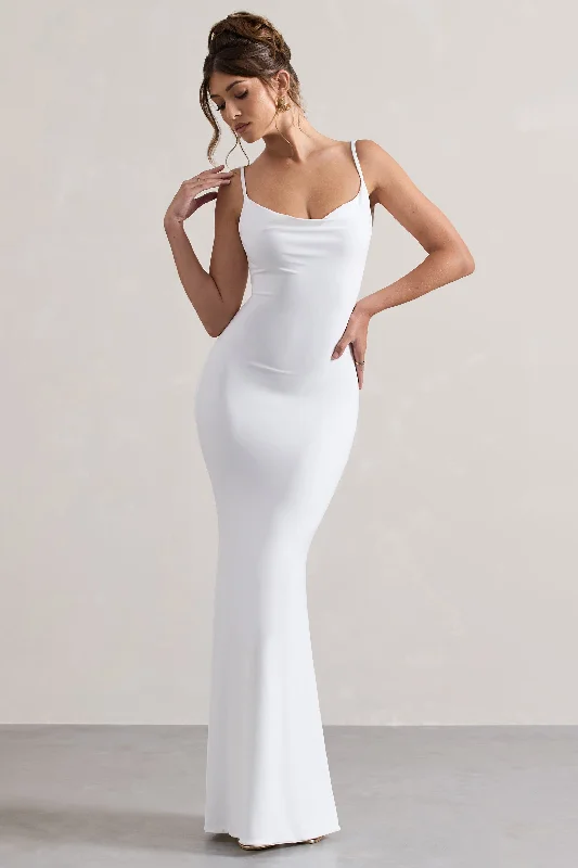 Francoise | White Cowl Neck Backless Maxi Dress With Lace Insert