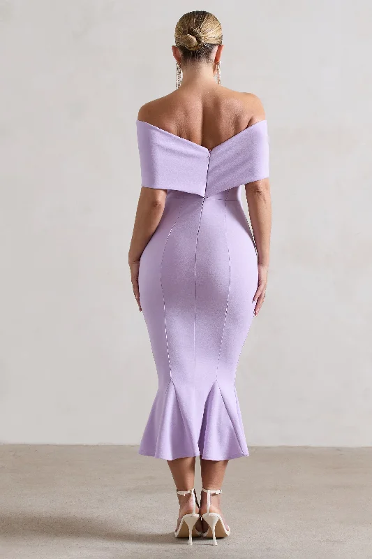 Lydia | Pastel Lilac Bardot Bow Detail Midi Dress