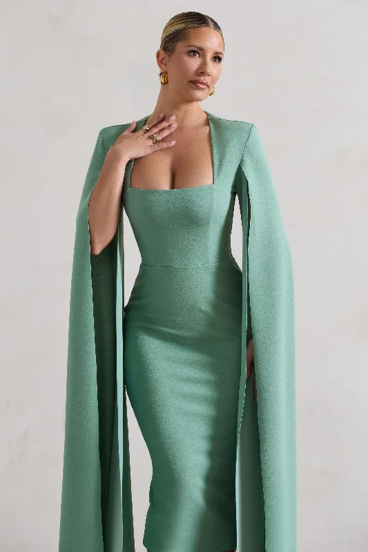 No Replacement | Sage Green Square-Neck Cape-Sleeve Midi Dress