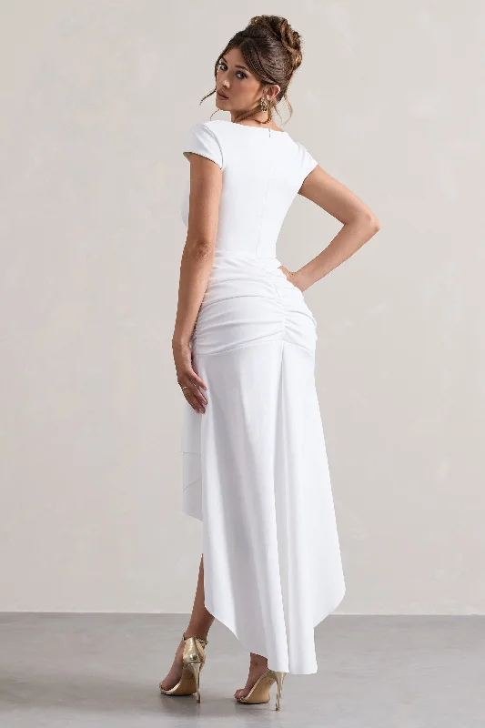 Parisa | White Ruched Short-Sleeve High-Low Maxi Dress