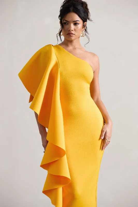 Polo | Mango One Shoulder Bodycon Midi Dress With Ruffle