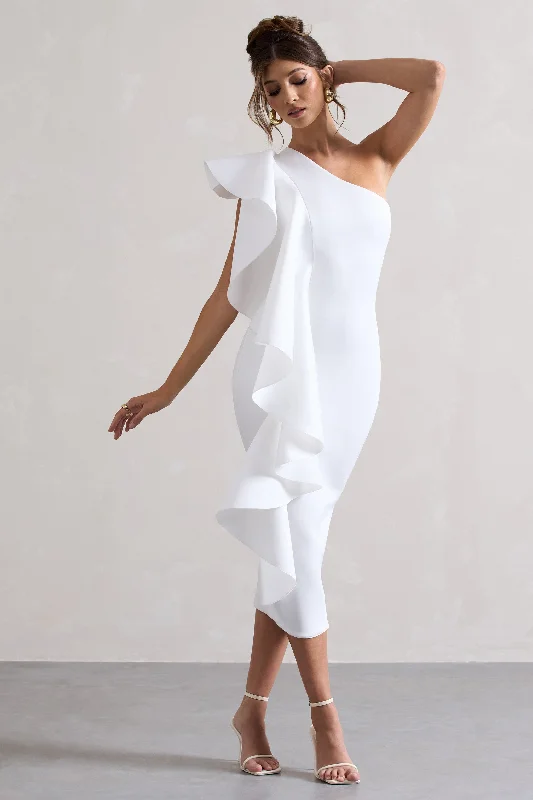 Polo | White One Shoulder Bodycon Midi Dress With Ruffle