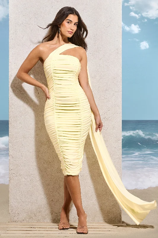 Realign | Lemon Ruched One Shoulder Midi Dress With Sash