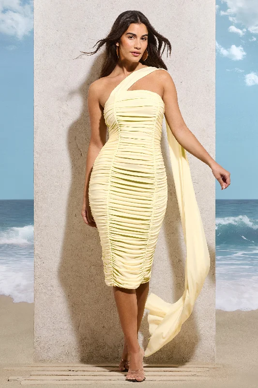 Realign | Lemon Ruched One Shoulder Midi Dress With Sash