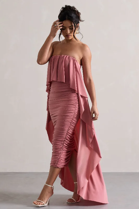 Upon A Time | Blush Ruched Bandeau Midi Dress With Cape