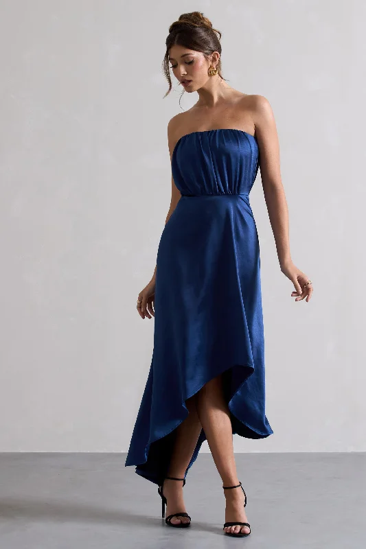 Willa | Navy Satin Bandeau Maxi Dress With Asymmetric Hem