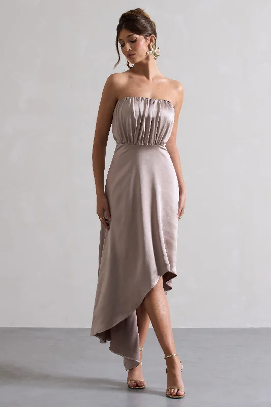 Willa | Taupe Satin Bandeau Maxi Dress With Asymmetric Hem