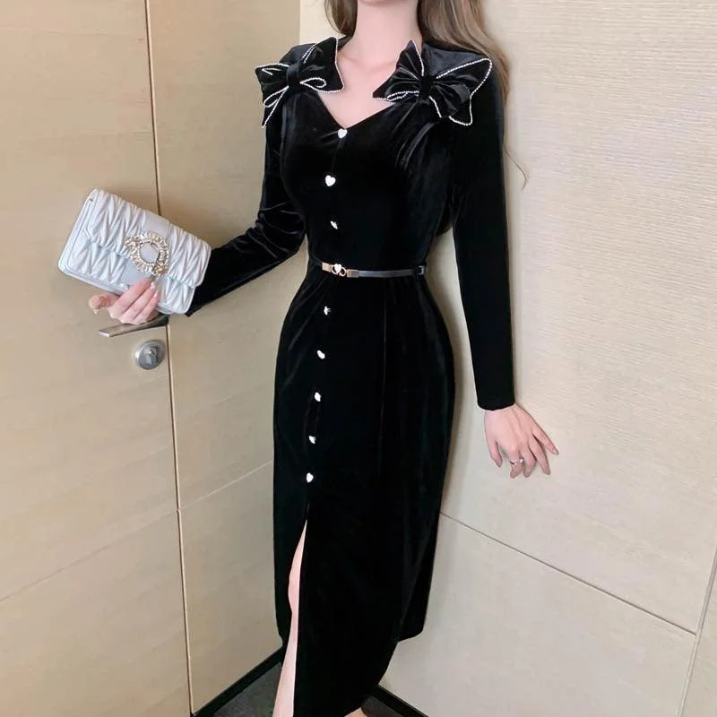 Black Velvet Long Sleeve Party Button Down Midi Dress