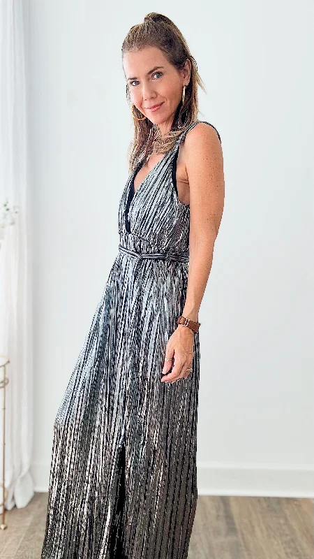 Lost in Your Eyes Pleated Metallic Jumpsuit