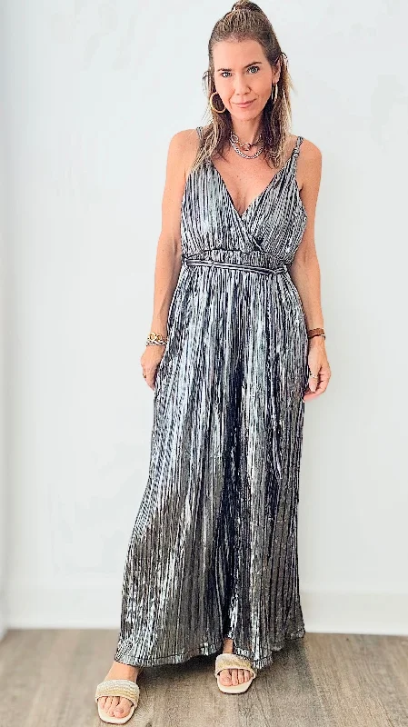 Lost in Your Eyes Pleated Metallic Jumpsuit