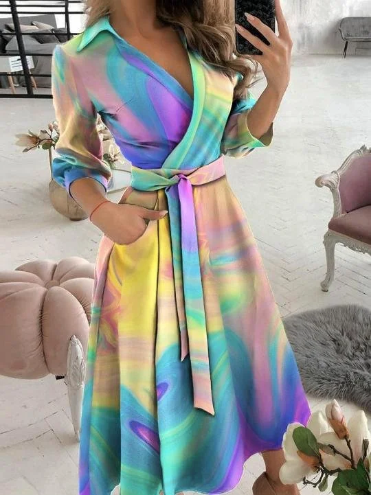 Long Sleeve V-neck Tie-dye Dress