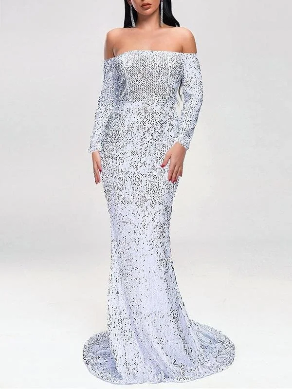 Off Shoulder Sequin Fishtail Prom Dress