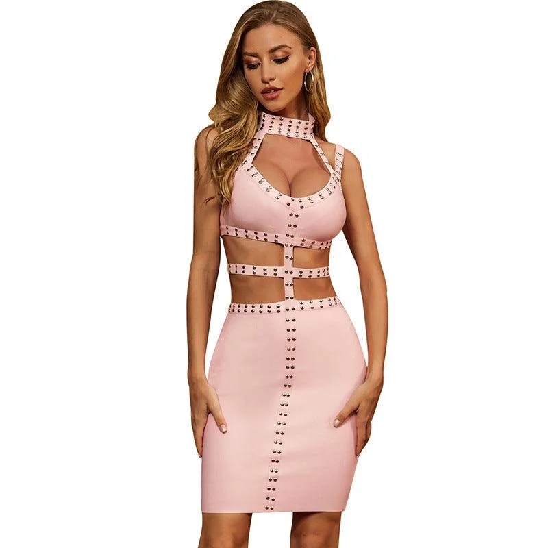 Pink Hollow Out Party Bandage Sleeveless Mini Dress