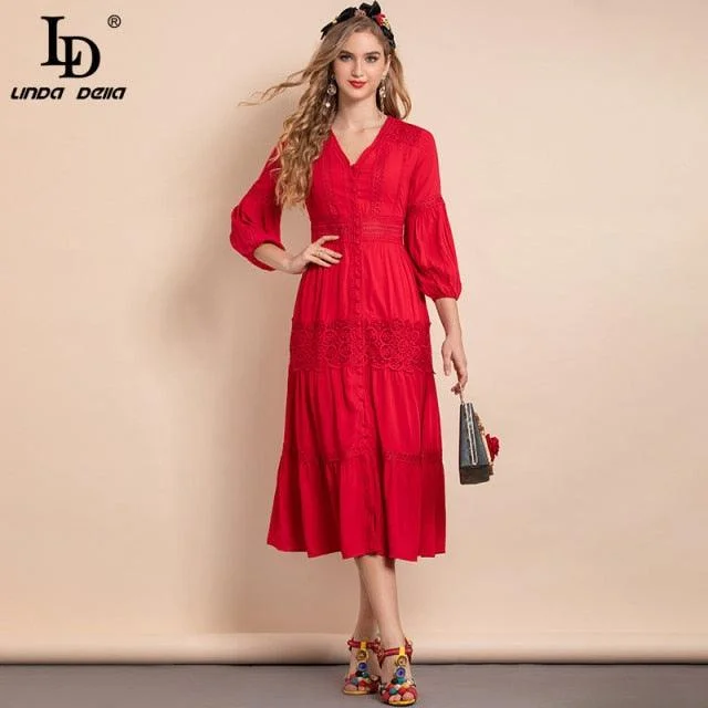 Red Lantern Sleeve Single-breasted Hollow Embroidered A-Line Midi Dress