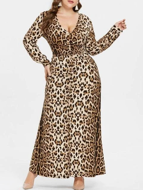 Sexy V Neck Leopard Long Sleeves Ankle-Length Plus Size Dress