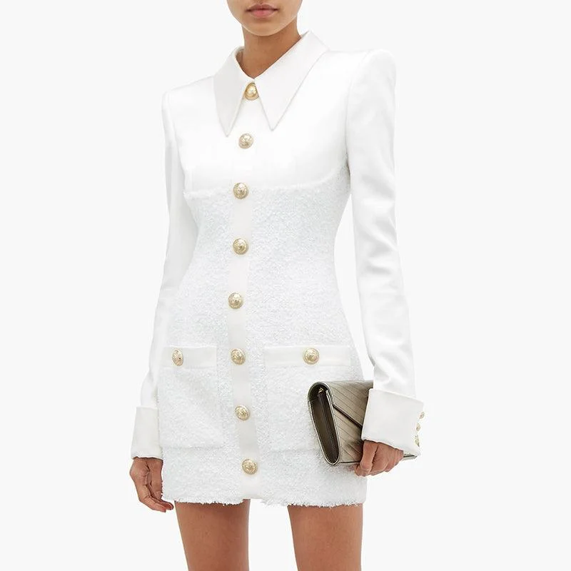 White Long Sleeve Satin Tweed Dress