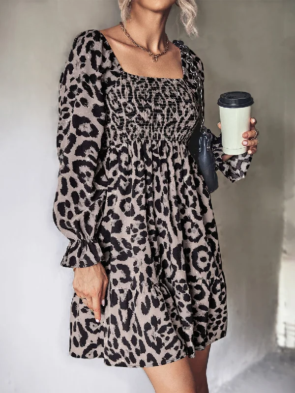 Classic Belt Leopard Long Sleeve Mini Dress