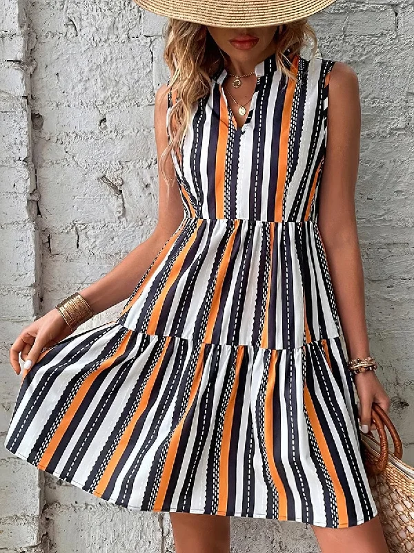 Fashion Print Stand Collar Striped Sleeveless Mini Dress