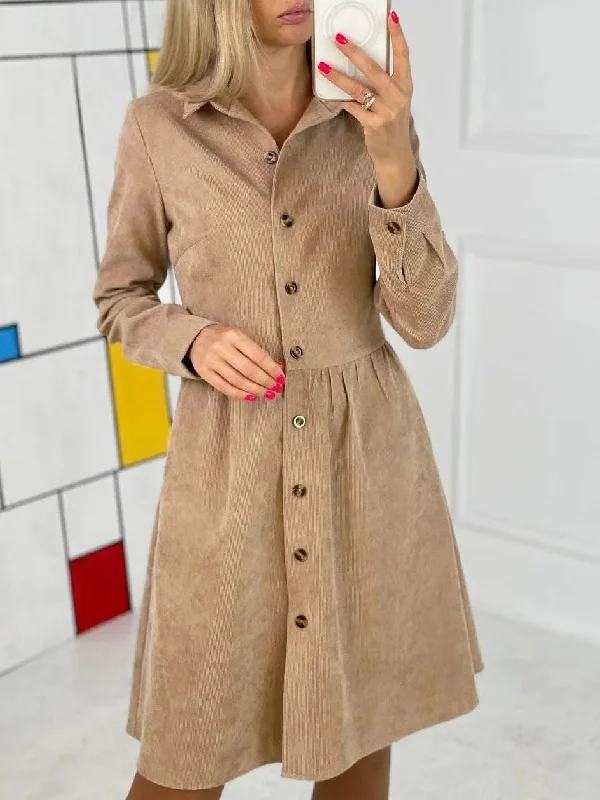 Women's Dresses Long Sleeve Single-Breasted Corduroy Shirt Dress