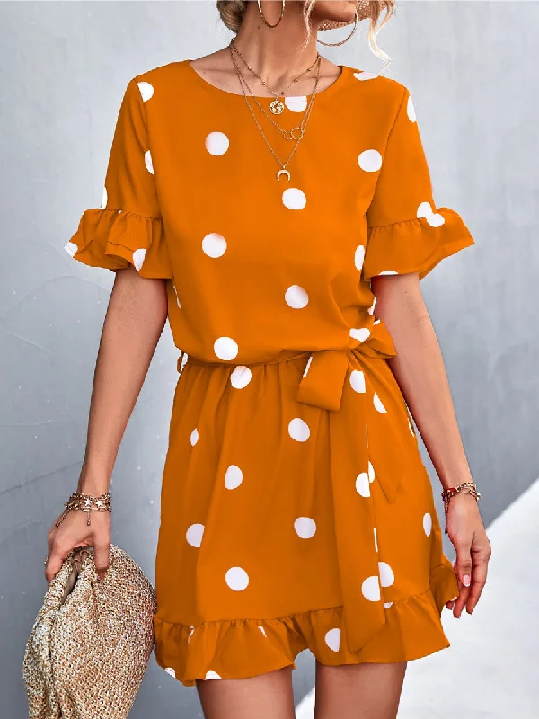 Round Neck Ruffles Polka Dot Strap Mini Dress