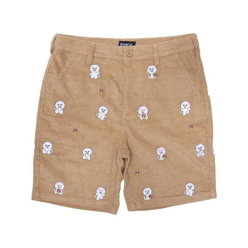 Men's ripped denim shorts for a trendy streetwear aestheticHello Nermy Corduroy Embroidered Shorts (Tan) Men's ripped denim shorts for a trendy streetwear aestheticHello Nermy Corduroy Embroidered Shorts (Tan)