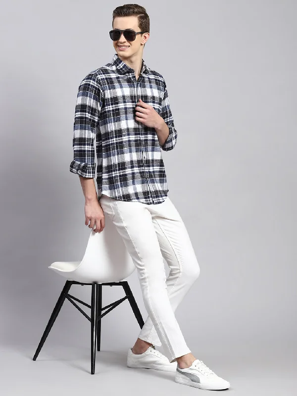 Men's Two - Tone Contrast Panel Casual Shirts in White and Navy for a Stylish and Eye - Catching DesignMen Blue Check Shirt Men's Two - Tone Contrast Panel Casual Shirts in White and Navy for a Stylish and Eye - Catching DesignMen Blue Check Shirt