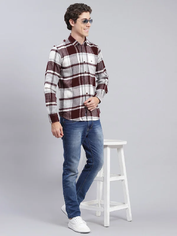 Plus Size Men's Striped Chambray Casual Shirts with a Spread Collar for a Preppy AppearanceMen Maroon Check Poly Acrylic Shirt Plus Size Men's Striped Chambray Casual Shirts with a Spread Collar for a Preppy AppearanceMen Maroon Check Poly Acrylic Shirt