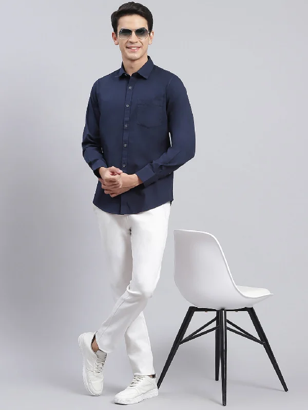 Men's Linen Blend Casual Shirts with Roll - Up Sleeves for a Summer Beach LookMen Navy Blue Solid Pure Cotton Shirt Men's Linen Blend Casual Shirts with Roll - Up Sleeves for a Summer Beach LookMen Navy Blue Solid Pure Cotton Shirt