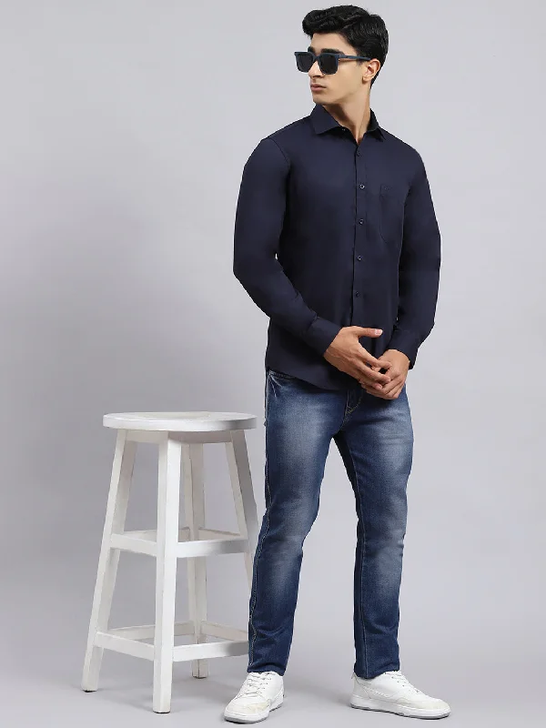 Men's Wrinkle - Resistant Polyester Blend Casual Shirts for Easy Travel and MaintenanceMen Navy Blue Solid Shirt Men's Wrinkle - Resistant Polyester Blend Casual Shirts for Easy Travel and MaintenanceMen Navy Blue Solid Shirt