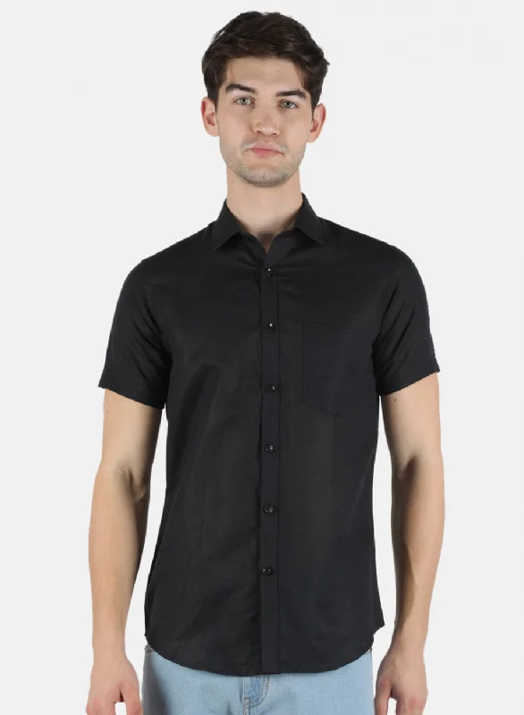 Men's Stretch - Fabric Casual Shirts in Navy Blue for a Comfortable and Flexible FitMen Black Solid Shirt Men's Stretch - Fabric Casual Shirts in Navy Blue for a Comfortable and Flexible FitMen Black Solid Shirt