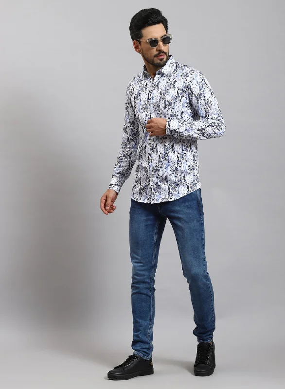 Men's Linen Blend Casual Shirts with Roll - Up Sleeves for a Summer Beach LookMen Blue Printed Pure Cotton Shirt Men's Linen Blend Casual Shirts with Roll - Up Sleeves for a Summer Beach LookMen Blue Printed Pure Cotton Shirt
