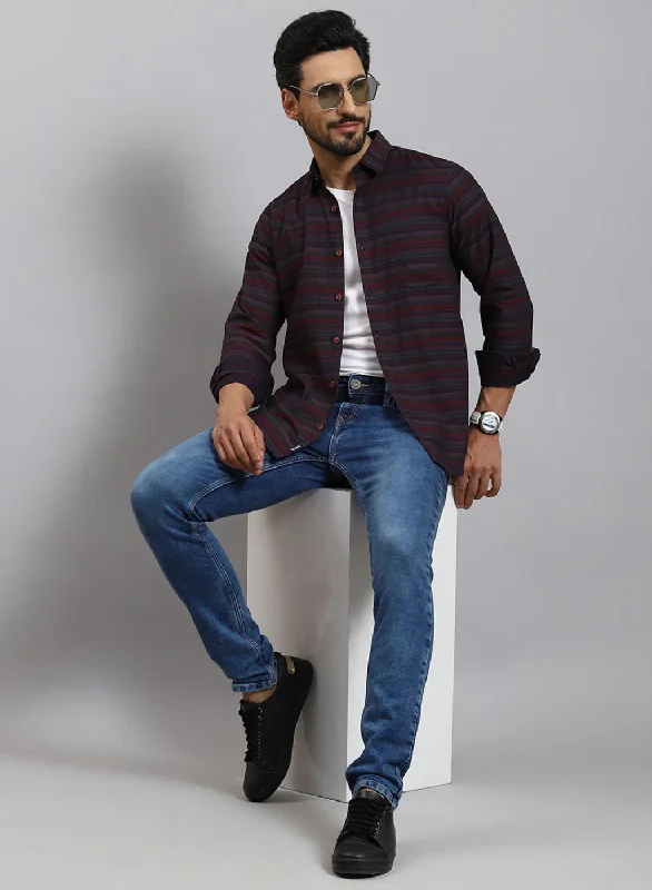 Men's Graphic - Printed Casual Shirts with Pop - Culture References for a Fun and Stylish LookMen Maroon Stripe Pure Cotton Shirt Men's Graphic - Printed Casual Shirts with Pop - Culture References for a Fun and Stylish LookMen Maroon Stripe Pure Cotton Shirt