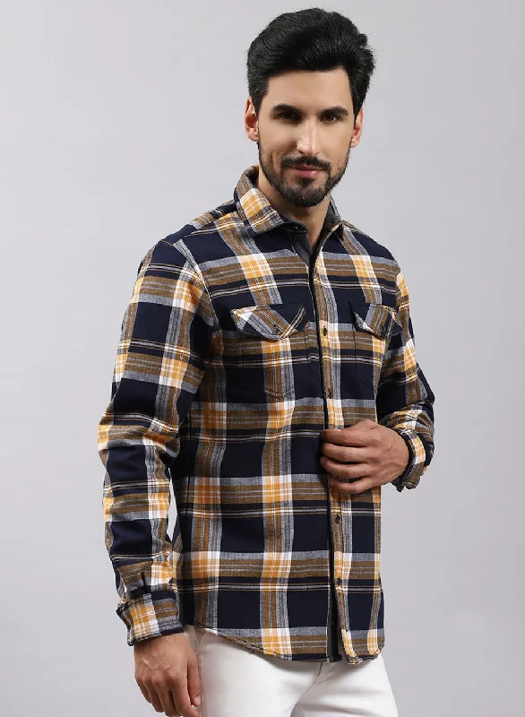 Men's Short - Sleeve Linen Casual Shirts in Light Khaki for a Breathable Summer OptionMen NAvy Blue Check Cotton Blend Shirt