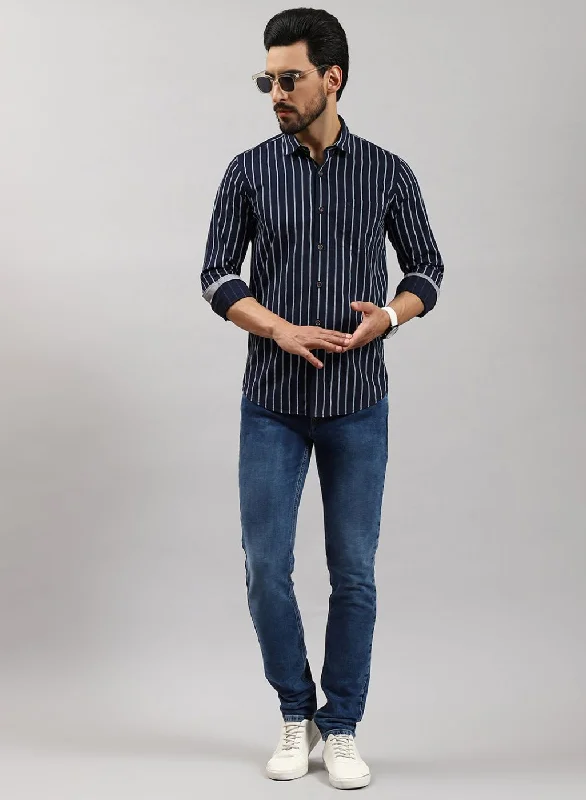 Men's Linen Blend Casual Shirts with Roll - Up Sleeves for a Summer Beach LookMen NAvy Blue Stripe Pure Cotton Shirt Men's Linen Blend Casual Shirts with Roll - Up Sleeves for a Summer Beach LookMen NAvy Blue Stripe Pure Cotton Shirt