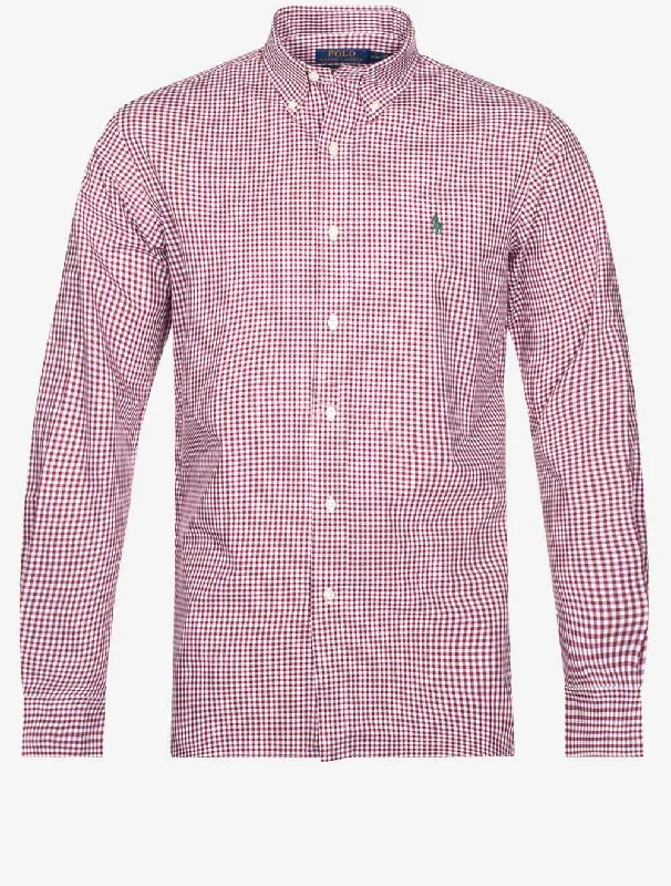 Men's Embroidered Detail Casual Shirts in Beige for a Touch of ElegancePoplin Gingham Buttondown Shirt Wine Men's Embroidered Detail Casual Shirts in Beige for a Touch of ElegancePoplin Gingham Buttondown Shirt Wine