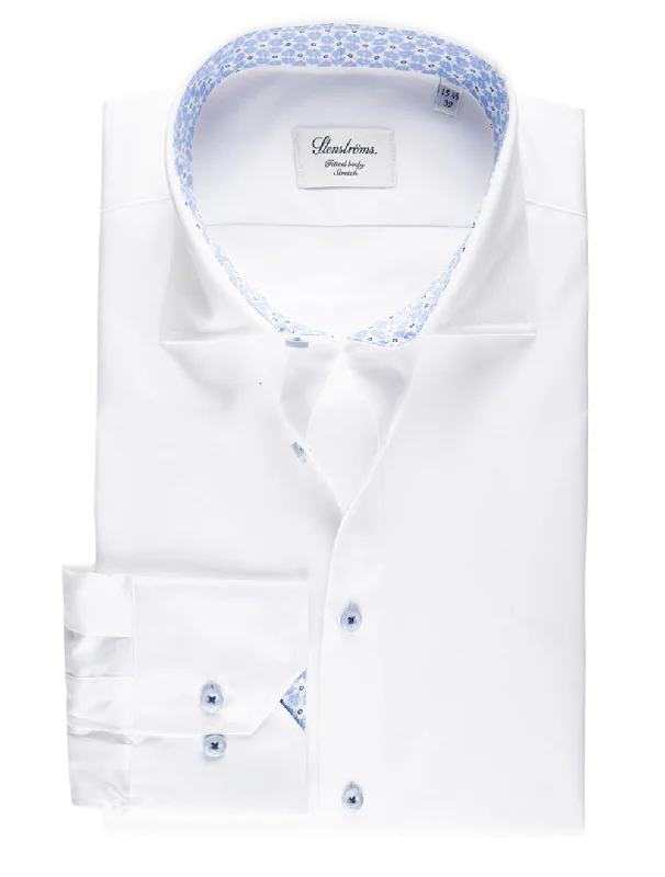 Men's Stretch - Fabric Casual Shirts in Navy Blue for a Comfortable and Flexible FitFloral Inlay Fitted Shirt White Men's Stretch - Fabric Casual Shirts in Navy Blue for a Comfortable and Flexible FitFloral Inlay Fitted Shirt White
