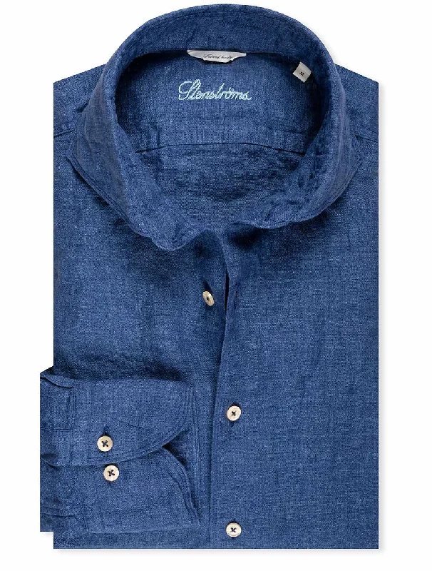 Plus Size Men's Striped Chambray Casual Shirts with a Spread Collar for a Preppy AppearanceFitted Linen Shirt Navy Plus Size Men's Striped Chambray Casual Shirts with a Spread Collar for a Preppy AppearanceFitted Linen Shirt Navy