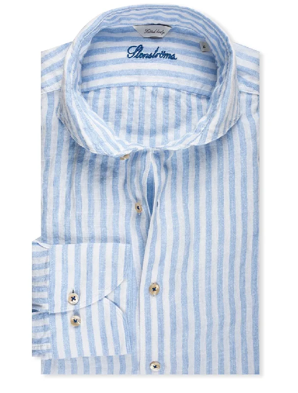 Plus Size Men's Striped Chambray Casual Shirts with a Spread Collar for a Preppy AppearanceFitted Striped Linen Shirt Blue Plus Size Men's Striped Chambray Casual Shirts with a Spread Collar for a Preppy AppearanceFitted Striped Linen Shirt Blue