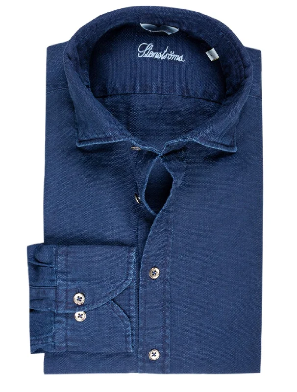 Men's Linen Blend Casual Shirts with Roll - Up Sleeves for a Summer Beach LookPique Weave Denim Shirt Navy Men's Linen Blend Casual Shirts with Roll - Up Sleeves for a Summer Beach LookPique Weave Denim Shirt Navy