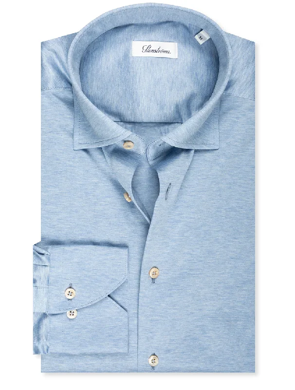 Men's Retro - Style Hawaiian Print Casual Shirts in Bold Patterns for a Tropical VacationSlimline Jersey Stretch Shirt Blue Men's Retro - Style Hawaiian Print Casual Shirts in Bold Patterns for a Tropical VacationSlimline Jersey Stretch Shirt Blue