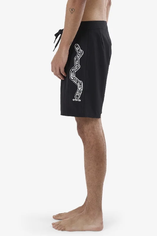 Men's side - stripe track shorts for a sporty running lookThrills Chain Of Disorder Boardshort - Black Men's side - stripe track shorts for a sporty running lookThrills Chain Of Disorder Boardshort - Black